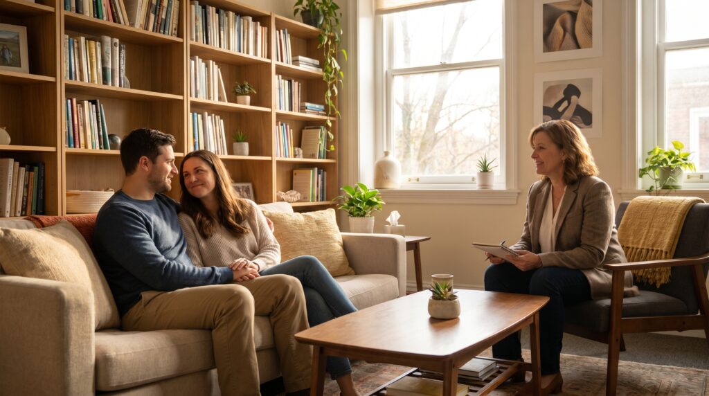 A couple in marriage counseling session learning how to stop divorce and rebuild their relationship