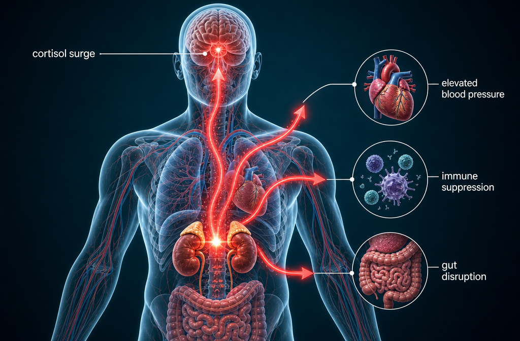 Human body showing stress pathways and cortisol effects