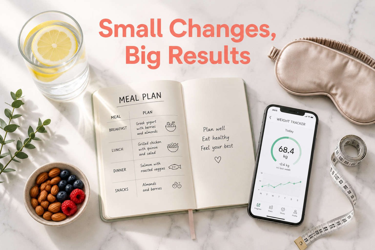 () clean lifestyle flat-lay overhead shot on a white marble surface showing: a large glass of water with lemon slices, a