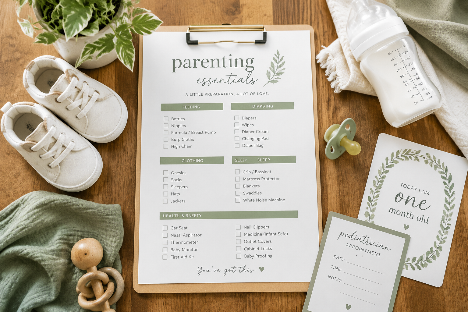 () overhead flat-lay editorial photo of a parenting essentials checklist on a wooden table surrounded by baby items: small